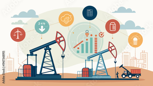 Oil pump jacks in energy industry concept with truck and graphs flat design