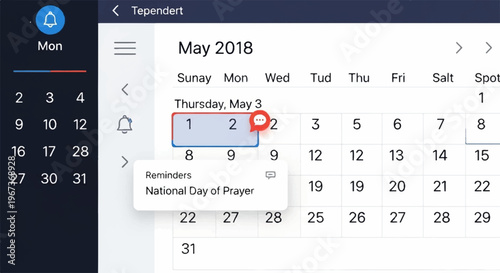 Computer screen displaying may 2018 calendar with reminder for national day of prayer on thursday may 2nd