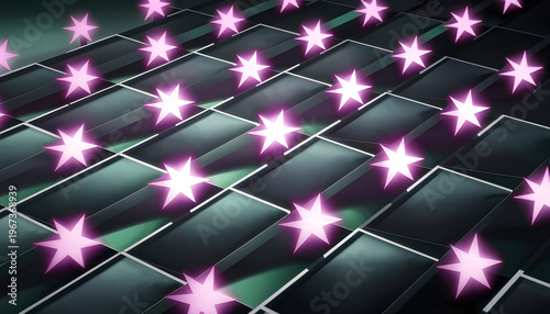 Rows of glowing pink stars are arranged on shiny dark tiles creating a futuristic geometric pattern with reflections and a sense of modern style in the composition