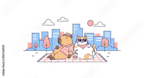 Cute Capybara and Cat Picnic in City Park Summer Lifestyle Illustration