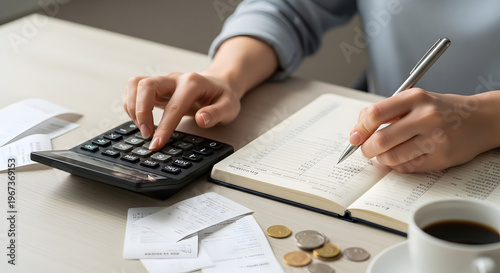 Person using calculator and writing in notebook