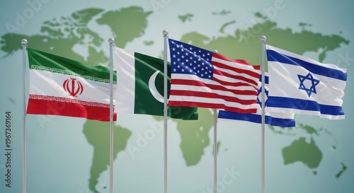 Flags of Iran, Pakistan, USA, and Israel waving on poles against world map background