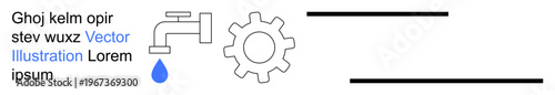 Plumbing systems, engineering processes, water management, industrial tools, repair services, conservation . A faucet with a droplet and a gear outline. Plumbing systems and engineering processes