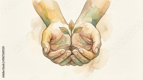 Watercolor illustration of cupped hands holding a young plant seedling, environmental conservation concept, growth and sustainability symbol