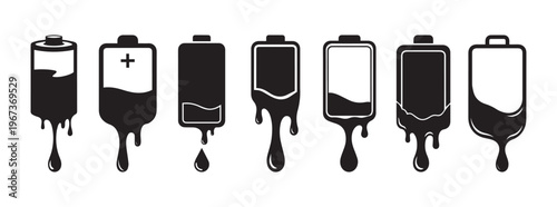 Collection of battery icons with leaking liquid