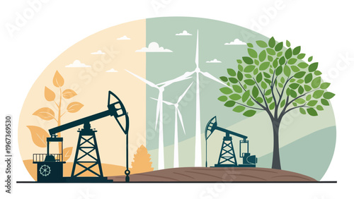 Green energy transition concept with oil pumps and wind turbines on earth