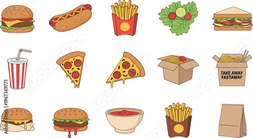 Fast food and takeaway items vector illustration set featuring burger hotdog fries pizza sandwich salad noodles drink and paper bags