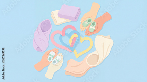 Newborn baby care illustration set, pastel infant clothing and accessories collection, hands holding tiny booties with hearts on blue background