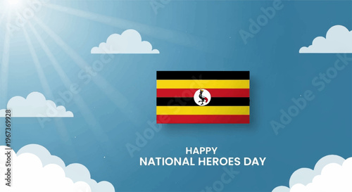 Uganda flag with happy national heroes day text on blue sky background with clouds