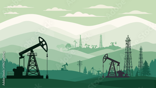 Industrial oil field with pump jacks and power lines in a mountainous landscape with green hills and cloudy sky