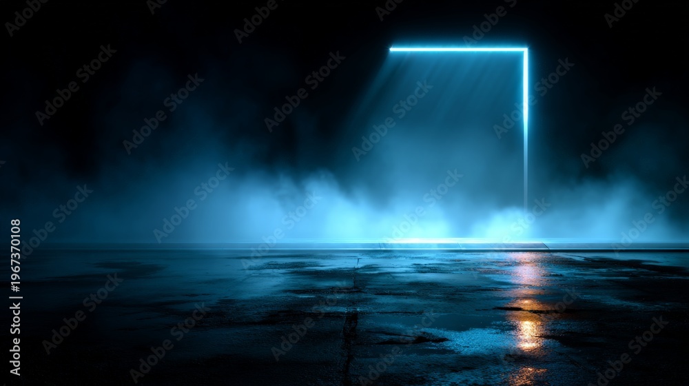 Obraz premium Light shines through a dark doorway with mist rising from the ground in an empty space at night