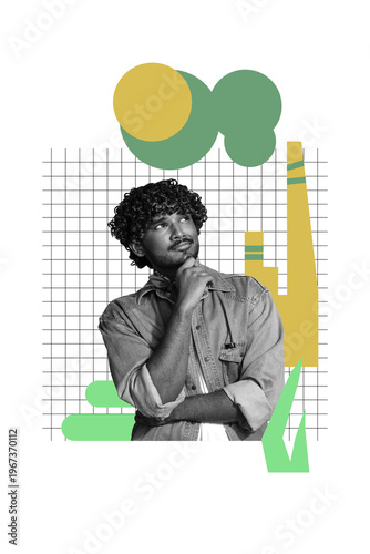 Creative trend artwork design 3D collage sketch of climate change ecosystem factory plant planet resources pollution young man stand think