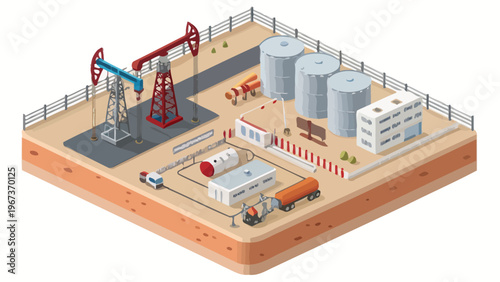 Isometric oil production field with pump jacks storage tanks and industrial facilities on a fenced site