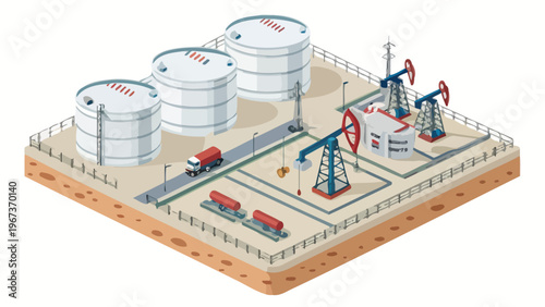 Isometric oil production field with pump jacks storage tanks and trucks on a fenced site