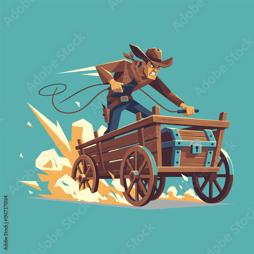 Angry cowboy riding a wooden wagon filled with treasure through desert vector illustration.