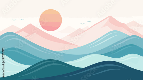 Soft pastel gradient mountains with sunrise layered abstract landscape