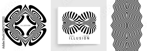 Black and white. Optical illusion. Abstract striped background. Cover design template. Vector illustration for brochure, planner, notebook or notepad.