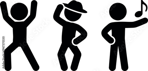 Three stylized stick figures expressing different celebratory actions and emotions