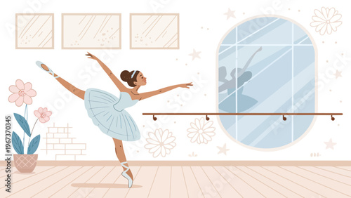 Young ballerina practicing arabesque pose in dance studio with barre and mirror