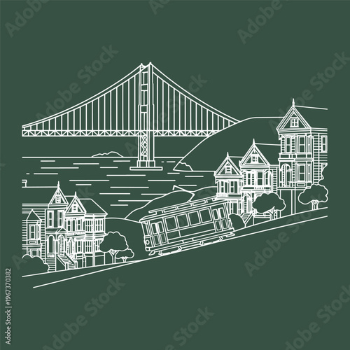 San Francisco landmark icons including Golden Gate Bridge and cable car vector illustration.