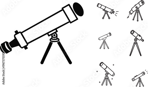 Minimal Outline Telescope Icon Simple Stroke Design White Background Ad Pack, Clean Astronomy Line Art Illustration, Modern Space Observation Sketch, Simple Minimalist Star Gazing Vector for Creative 