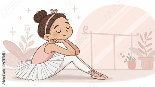 Little ballerina sitting and resting after dance practice in studio with pink decor and plants