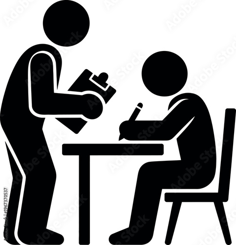 An examiner conducting an interview with a seated candidate taking notes