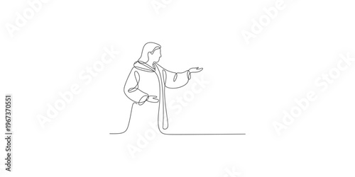 Continuous one line drawing of Jesus christ preaching minimalist religious art