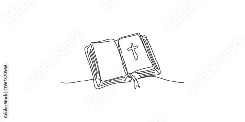 A simple line drawing of an open bible with a cross on the right page