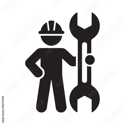Simple black silhouette of a worker holding a large wrench depicting maintenance