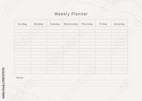 Weekly planner template with topographic line background and notes
