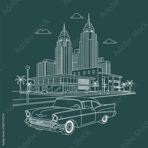 Vintage classic car parked in front of a modern city skyline line art vector illustration.