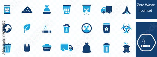 A collection of blue zero waste icons depicting recycling composting pollution and sustainable living concepts high quality professional detailed modern elegant stylish clean
