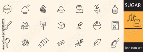 A collection of minimalist line icons depicting various forms of sugar sweeteners and related ingredients on a beige background high quality professional detailed