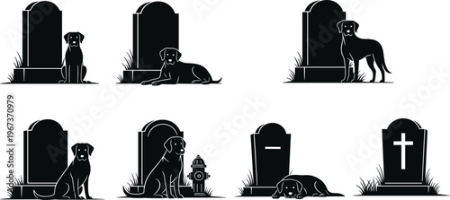 Dog silhouettes mourning at gravestones in cemetery, pet loss grief concept, loyal companion remembrance, black isolated vector set for memorial, funeral and sympathy themes