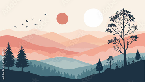 Minimal abstract landscape with layered mountains trees and dual suns at sunset evoking serenity and calmness in nature