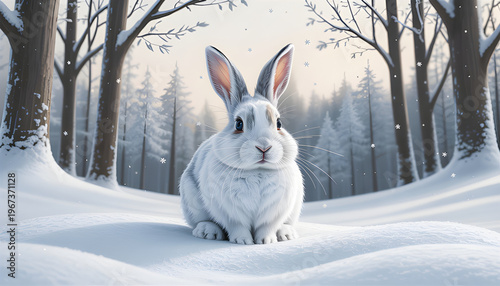 A fluffy white rabbit sits quietly in deep snow among tall trees as gentle snowflakes fall creating a peaceful and magical winter forest scene with soft natural light