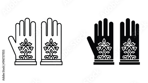Decorative fingerless gloves with intricate embroidery designs displayed in two color schemes