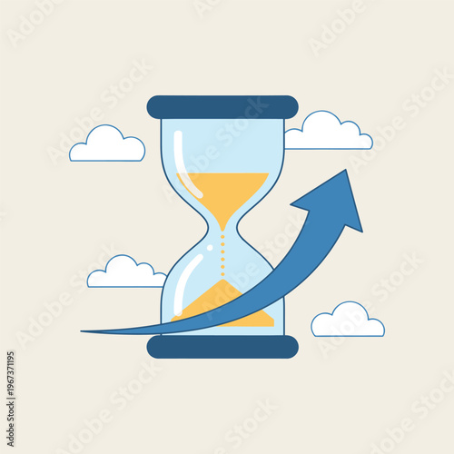 Time management and productivity concept with hourglass and upward arrow vector illustration.