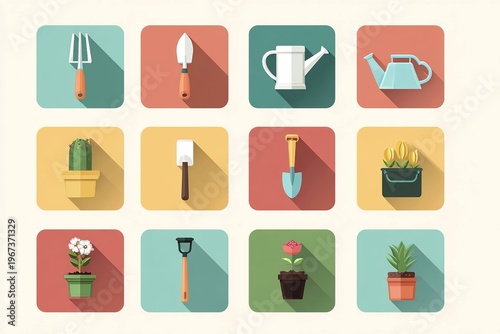 gardening tools and plant icons in flat design