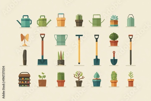 gardening tools and plant icons in flat design