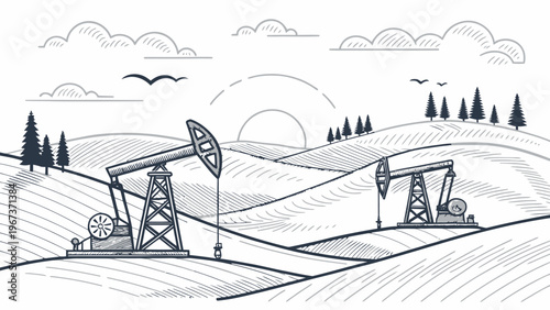 Oil pumps in a rolling hill landscape at sunset minimal line art style black and white
