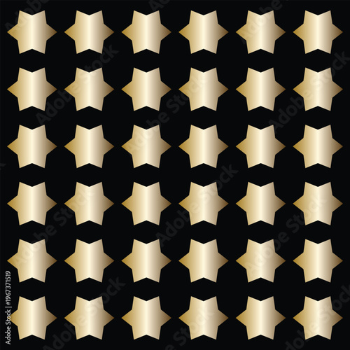 Seamless pattern of golden five point stars on black background texture