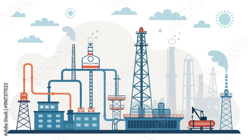 Modern flat illustration of oil industry with rigs factories and machinery depicting industrial landscape with drilling equipment and infrastructure