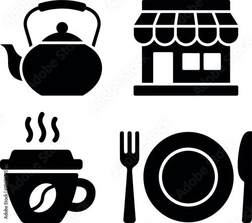 Iconic symbols representing a cozy cafe and dining experience