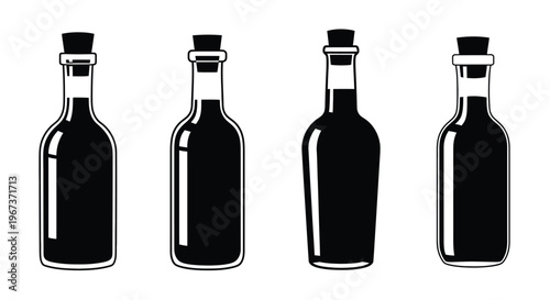 Four glass bottles with corks depicted as a dark silhouette