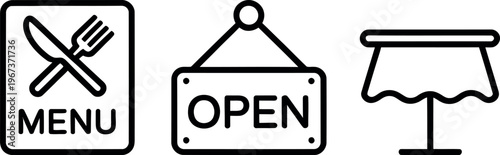 Restaurant icons indicating menu, open sign, and outdoor seating availability