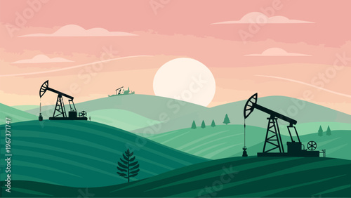 Oil pump jacks on rolling green hills at sunrise industrial landscape with pumpjack silhouette