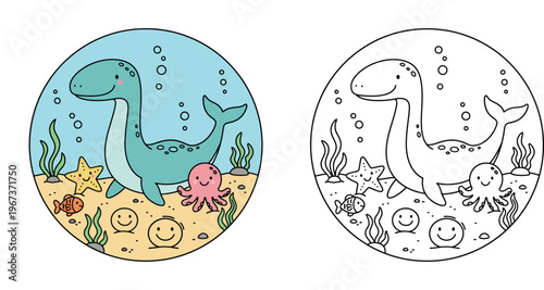 Cute Cartoon Loch Ness Monster and Ocean Friends Underwater Scene