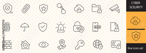 A collection of minimalist line icons representing various cybersecurity concepts including data protection network security and digital privacy high quality professional detailed modern